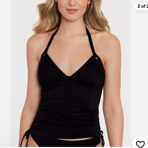 Salt + Cove Juniors Ribbed Shirred Halter Tankini Top, Raised Rib Black Size XS